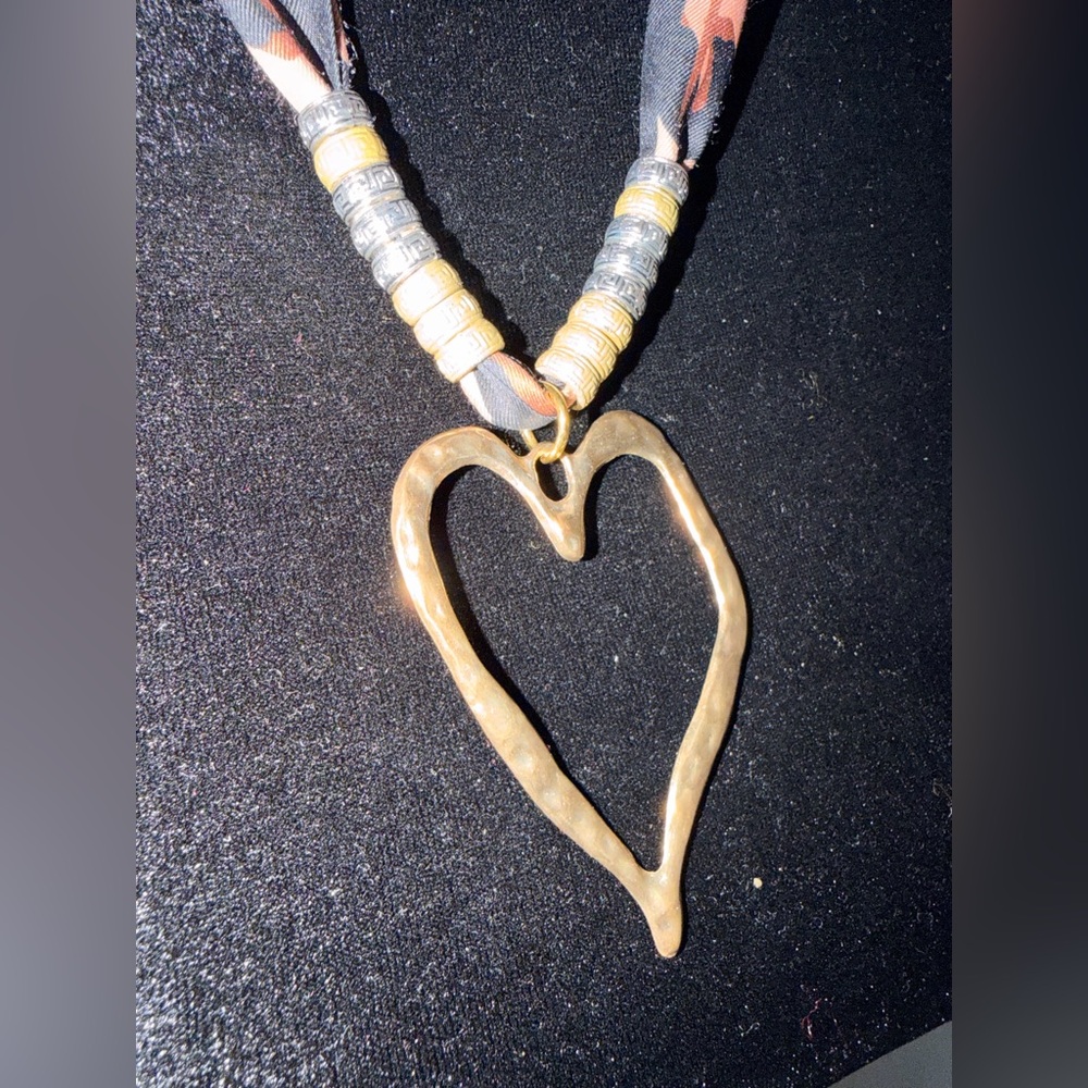Gold Heart Pendant Necklace with Beaded Ribbon - Women Jewelry - Picture 3 of 6